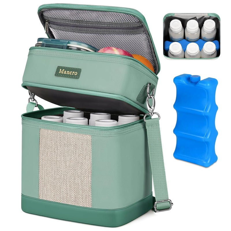 Mancro Breastmilk Cooler Bag with Ice Pack, Double Layer Breast Milk Cooler Bag Fits 6 Bottles Up to 9 Ounces, Breast Pump Bag with Cooler for Daycare & Nursing, Green - Image 1